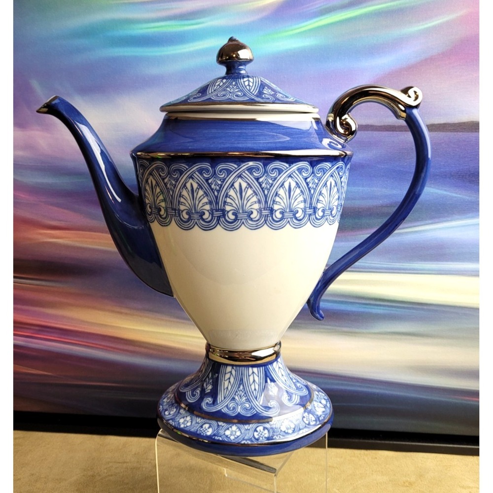 BOMBAY Coffee Pot White & Blue, Porcelain w/ Silver Trim - Vintage and Gorgeous!